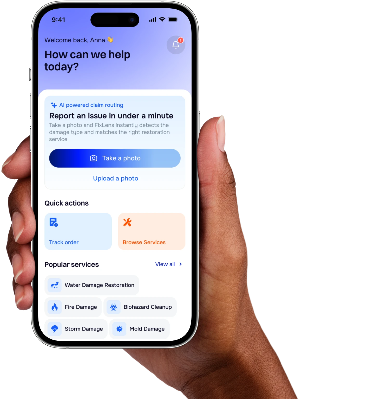 Hand holding a phone running the FixLoupe app